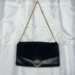 Vince Camuto Black Leather & Suede Flap Shoulder Bag with Gold Chain